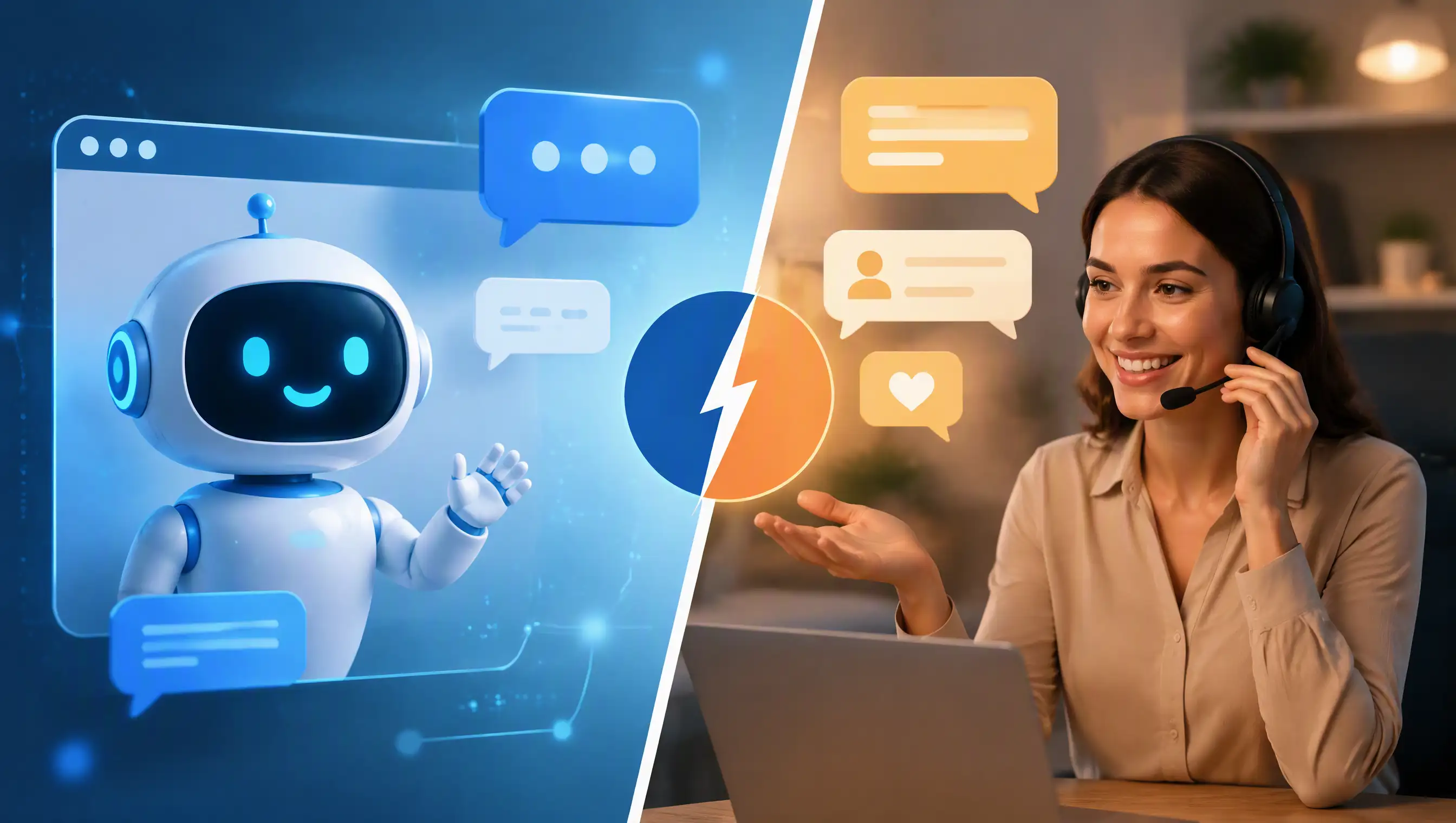 Chatbots vs live agents comparison showing AI-powered customer support and human-assisted communication for modern businesses